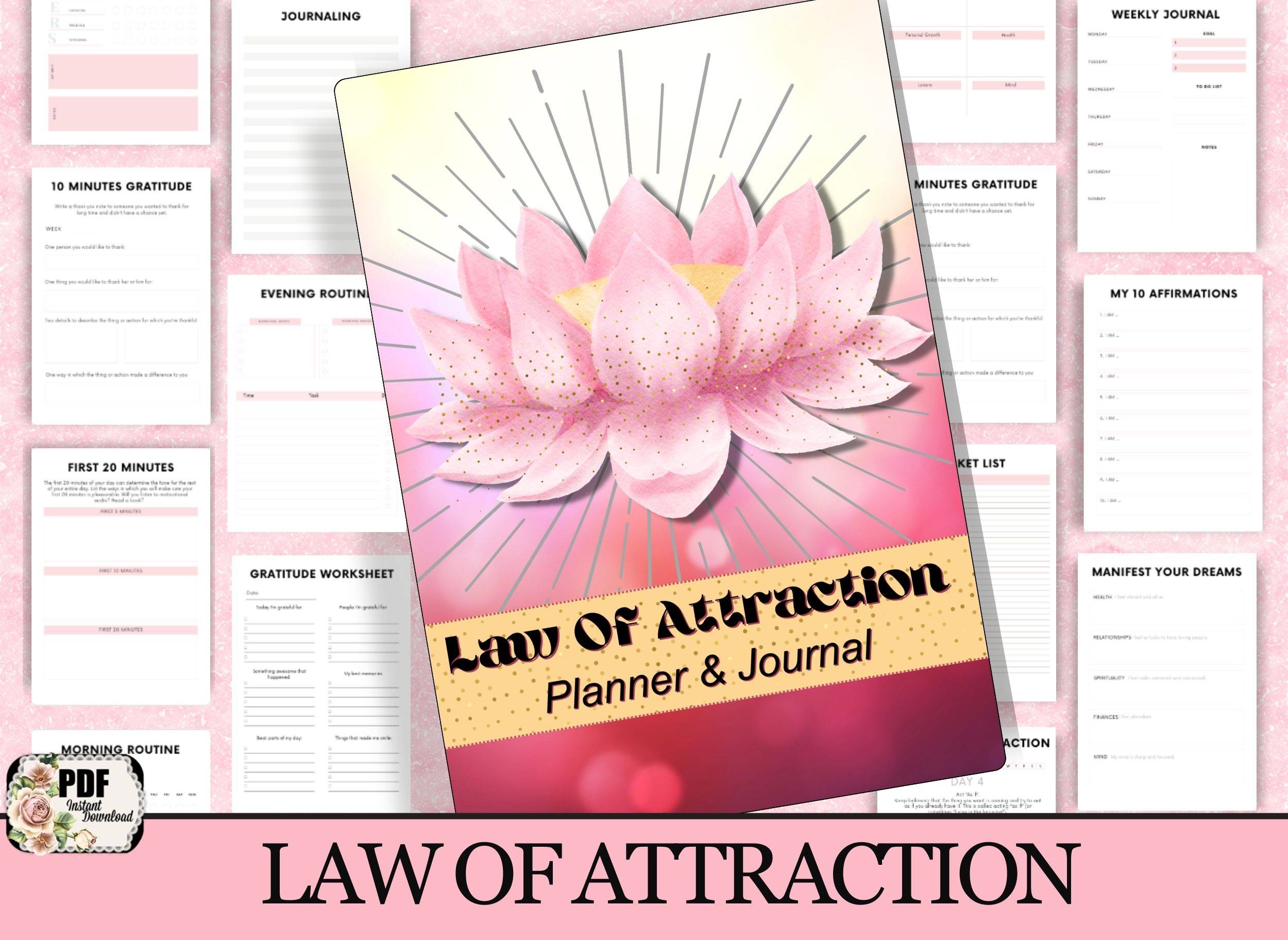 law of attraction planner/journal with pink lotus flower on cove