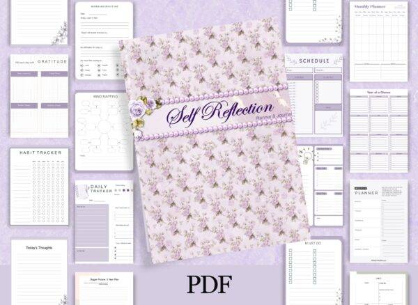 self reflection planner and journal lavender floral print cover and interior pages