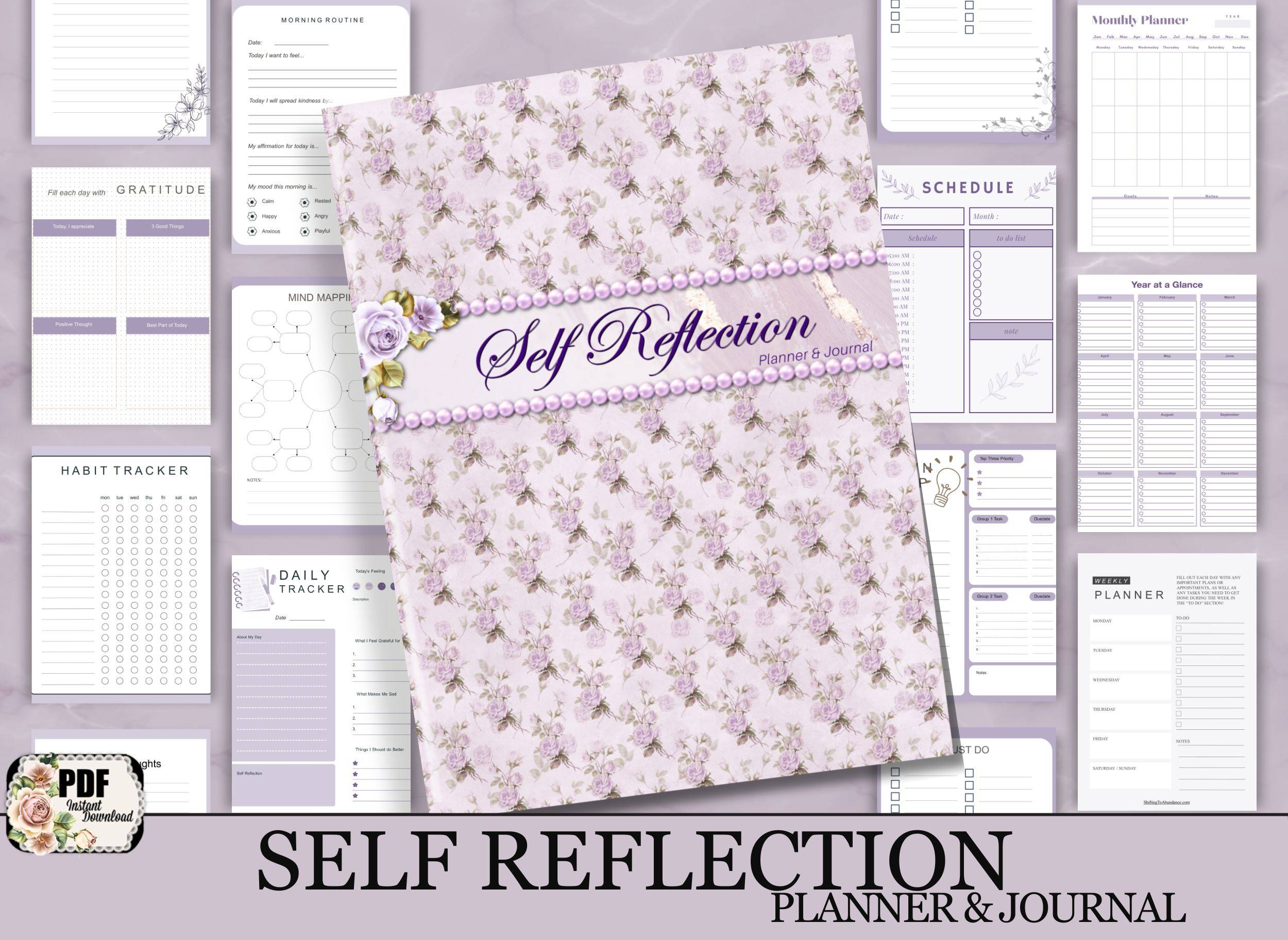 self reflection planner and journal lavender floral print cover and interior pages