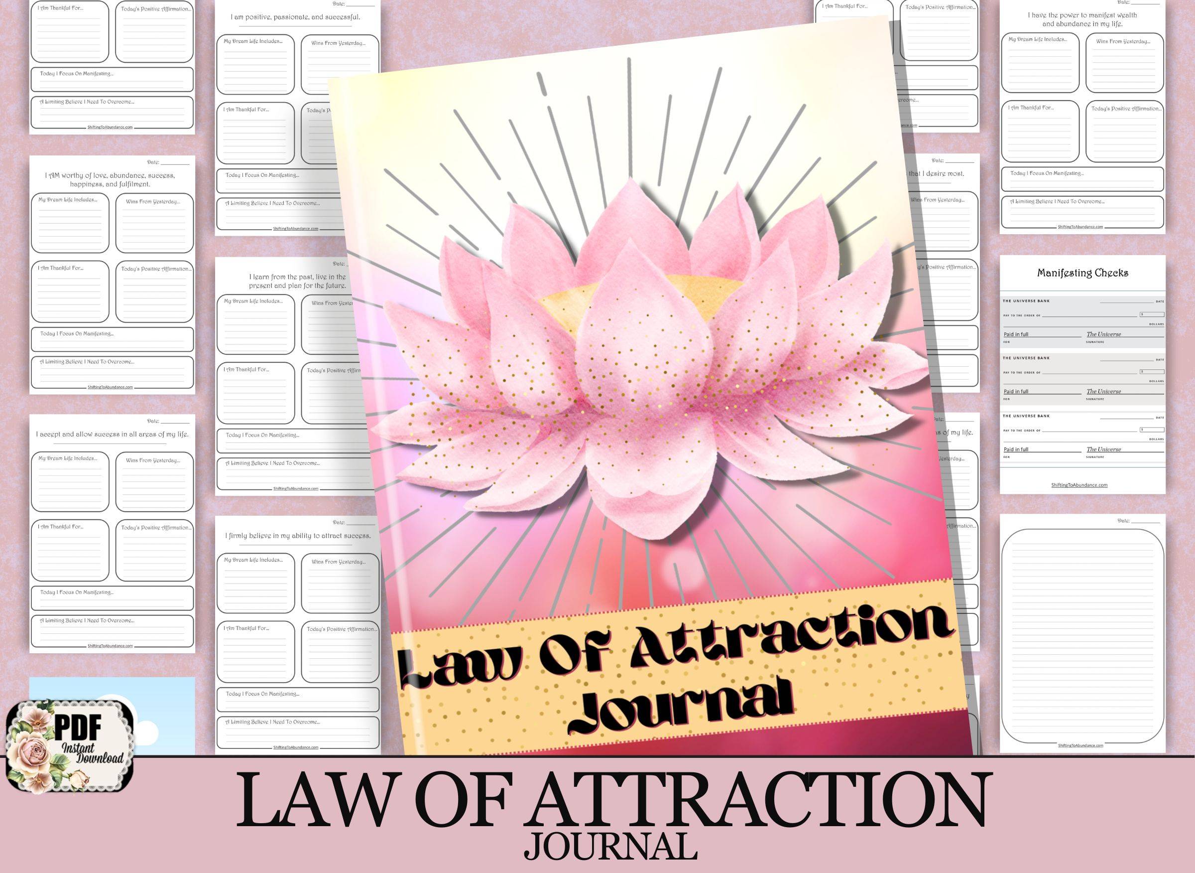 law of attraction journal with pink lotus flower on cover