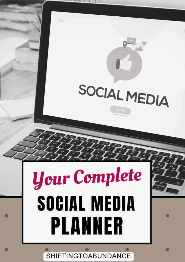 A laptop displaying a "Social Media" screen with a click button, accompanied by a bold text overlay that reads "Your Complete Social Media Planner" from Shifting to Abundance.