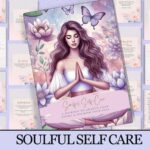 Soulful Self-Care Journal mockup featuring a meditating woman surrounded by lotus flowers and butterflies, with journal pages in the background and text reading “Instastory Playbook” and “A Journey to Awaken Your Heart & Nourish Your Soul” – digital PDF instant download.
