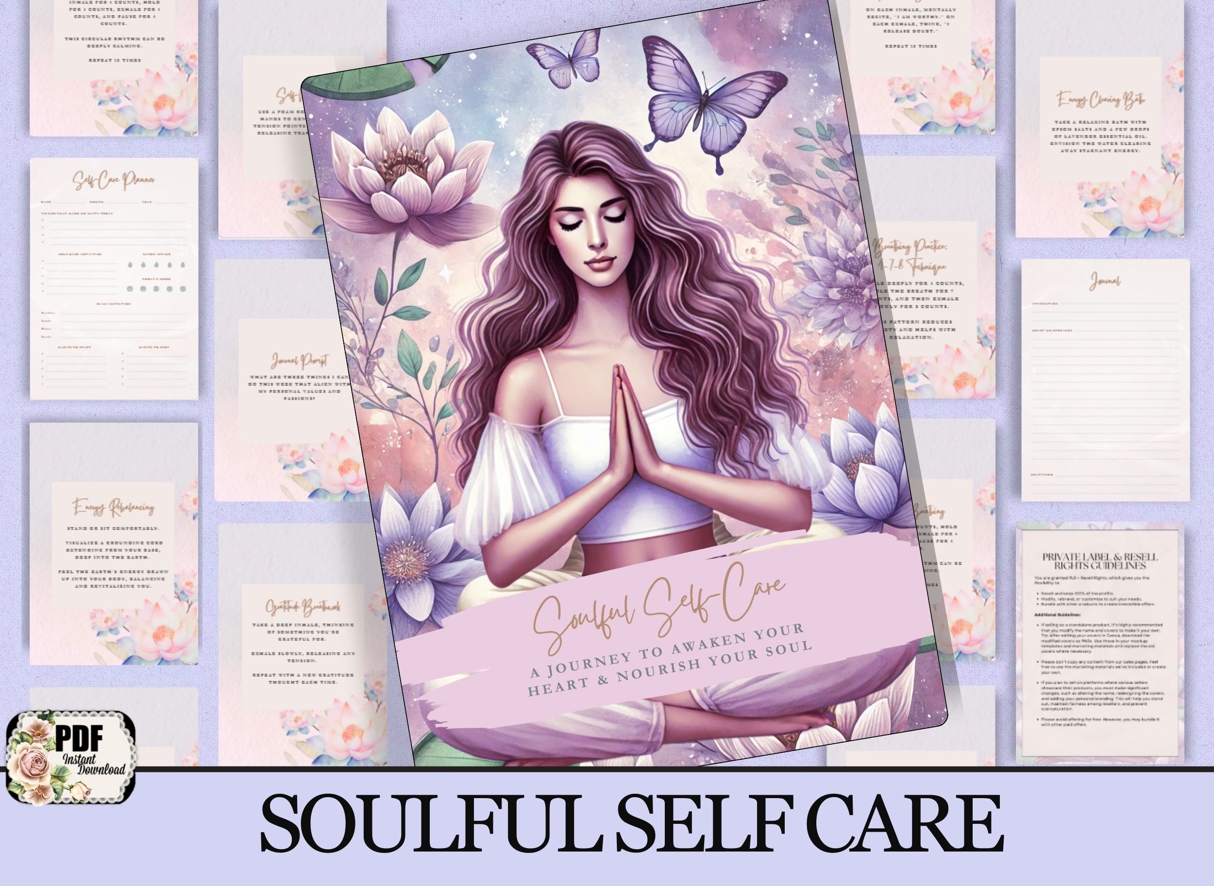 Soulful Self-Care Journal mockup featuring a meditating woman surrounded by lotus flowers and butterflies, with journal pages in the background and text reading “Instastory Playbook” and “A Journey to Awaken Your Heart & Nourish Your Soul” – digital PDF instant download.