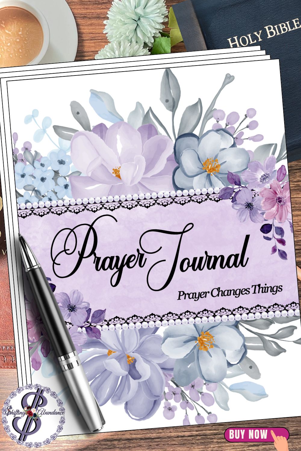 Lavender floral prayer journal cover with watercolor flowers and the title 'Prayer Journal' and the phrase 'Prayer Changes Things' in elegant black script.