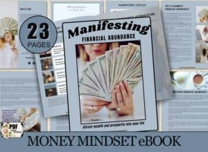 23-page Manifesting Financial Abundance Money Mindset eBook cover and interior preview. Features a woman holding cash, tips for manifesting wealth, affirmations, manifestation cheques, and prosperity rituals. Includes instant PDF download for mindset and abundance growth.