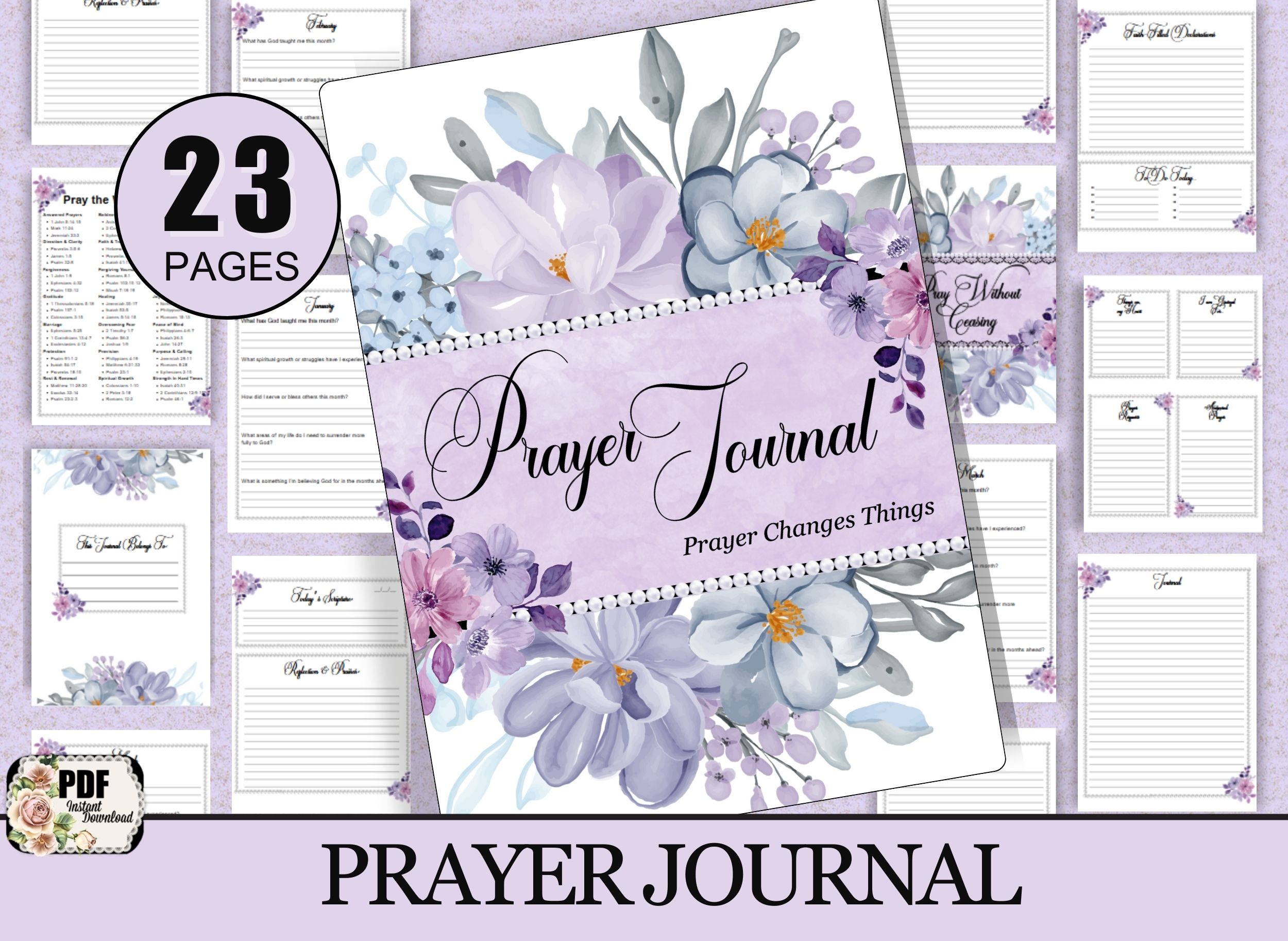 Floral-themed 23-page printable Prayer Journal cover and sample pages, featuring purple and lavender flowers with elegant script fonts, including sections like 'Today’s Scripture,' 'Prayer Requests,' and 'Faith-Filled Declarations.
