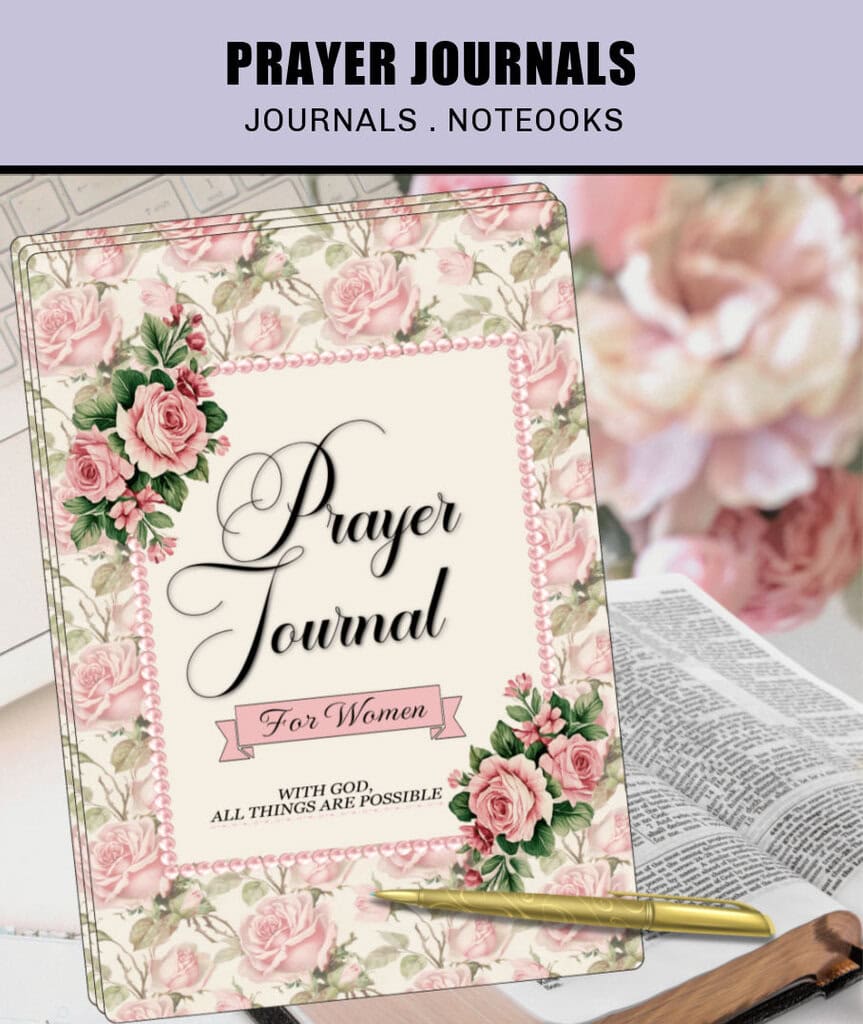 Floral Printable Prayer Journal for Women with pink rose design and the phrase 'With God, All Things Are Possible,' displayed on top of an open Bible with a pen.