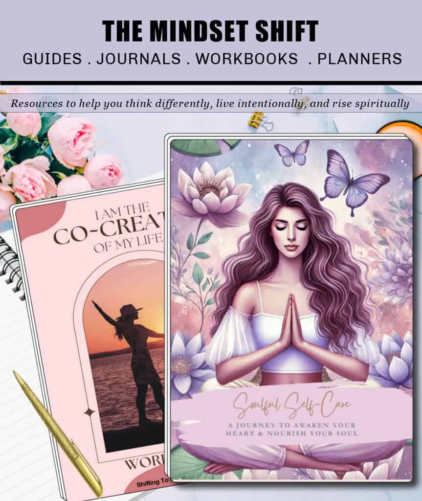 Promotional image for “The Mindset Shift” featuring two illustrated journals surrounded by flowers and feminine elements. One journal titled “I Am the Co-Creator of My Life” shows a woman silhouetted at sunset. The other, titled “Soulful Self Care,” depicts a meditative woman with flowing purple hair, butterflies, and lotus flowers. Header text reads “Guides . Journals . Workbooks . Planners” with a tagline: “Resources to help you think differently, live intentionally, and rise spiritually.”