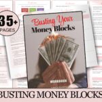 A promotional image for a Busting Your Money Blocks Workbook, a 35+ page PDF instant download from ShiftingToAbundance. The cover features a person holding burning hundred-dollar bills, symbolizing the release of limiting money beliefs. Background pages show exercises, journaling prompts, and mindset strategies. A “PDF Instant Download” badge appears in the corner, highlighting this as a digital workbook designed to help users overcome financial blocks and build a healthier money mindset.