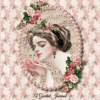 Vintage-style journal cover titled “A Guided Journal for Reflection and Inner Growth,” featuring a romantic illustration of a woman holding a pink rose. She is framed by pink pearls and surrounded by floral embellishments, set against a soft pink rose-patterned background with a musical score overlay.