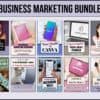 Business marketing bundle featuring 10 digital products displayed in a grid, including business blueprint, Instagram marketing guide, Canva tutorial, social media planner, faceless content library, Instagram story playbook, Facebook ads guide, Instagram reels guide, email marketing templates, and Etsy and Pinterest marketing training for online business owners and digital entrepreneurs.