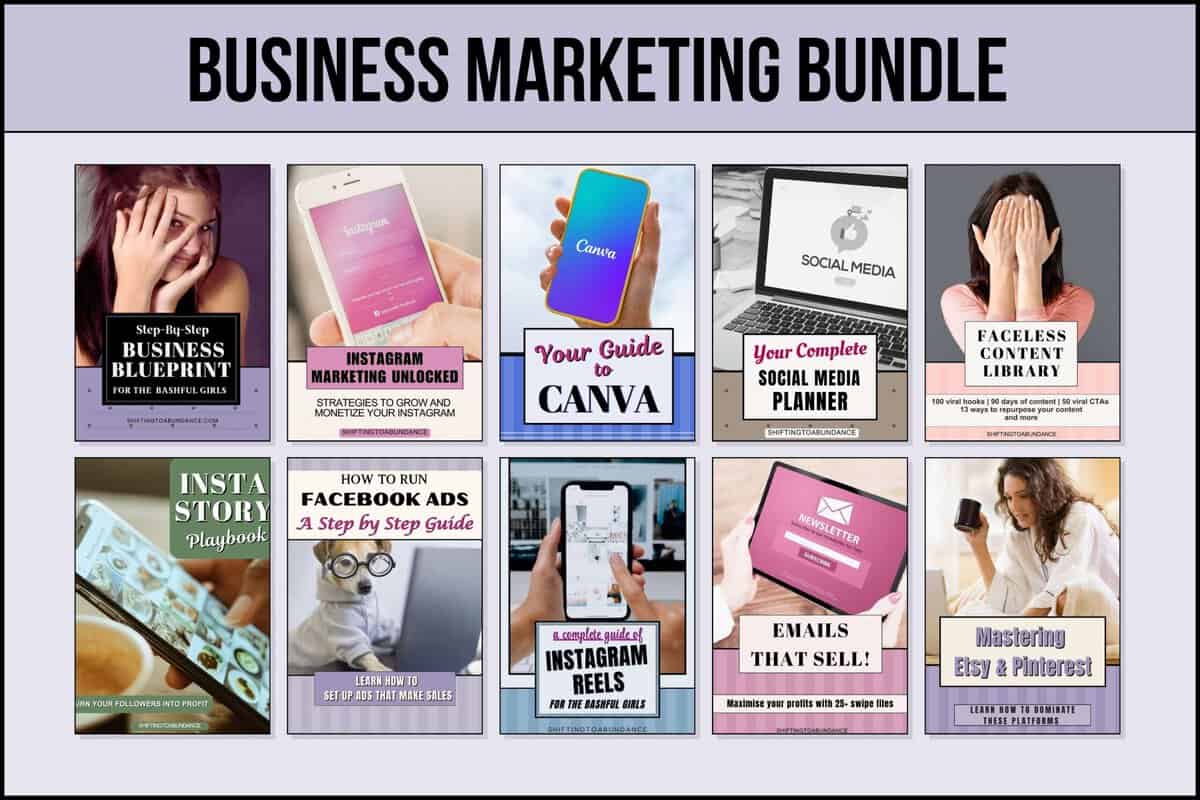 Business marketing bundle featuring 10 digital products displayed in a grid, including business blueprint, Instagram marketing guide, Canva tutorial, social media planner, faceless content library, Instagram story playbook, Facebook ads guide, Instagram reels guide, email marketing templates, and Etsy and Pinterest marketing training for online business owners and digital entrepreneurs.