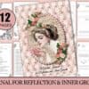Vintage-style guided journal in book format with a floral cover, shown beside an open page featuring four journaling prompts. Text at the bottom reads ~ GUIDED JOURNAL For Reflection and Inner Growth