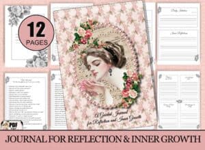 Vintage-style guided journal in book format with a floral cover, shown beside an open page featuring four journaling prompts. Text at the bottom reads ~ GUIDED JOURNAL For Reflection and Inner Growth