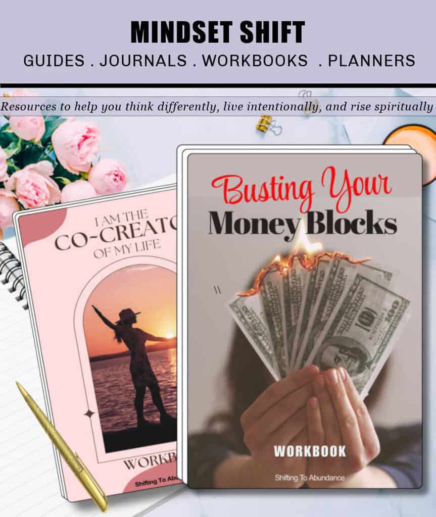 Promotional graphic for The Mindset Shift featuring feminine, faith-based journals and workbooks, including “Busting Your Money Blocks” and an abundance mindset workbook, styled with soft pink tones, roses, stationery, and a hand holding dollar bills to represent personal growth and financial mindset transformation.