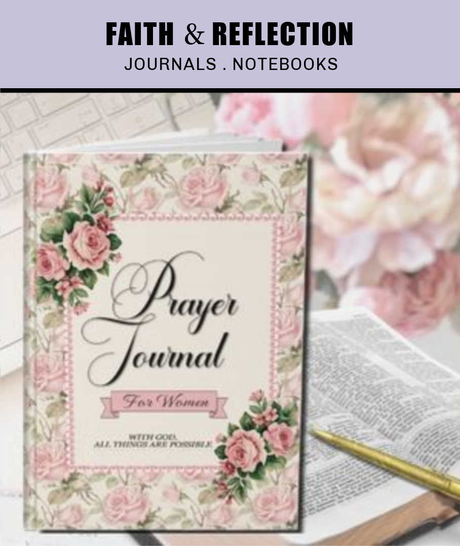 Floral faith-inspired prayer journal for women with pink roses on the cover, displayed beside an open Bible and pen on a soft, feminine background.