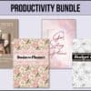 Productivity Bundle digital product mockup featuring printable productivity workbooks, goal setting planners, business planners, budget planners, organization tools, and feminine floral planning resources designed for entrepreneurs, personal growth, and daily productivity.
