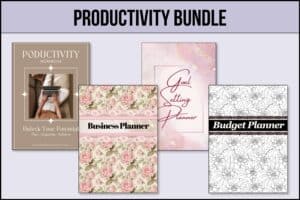 Productivity Bundle digital product mockup featuring printable productivity workbooks, goal setting planners, business planners, budget planners, organization tools, and feminine floral planning resources designed for entrepreneurs, personal growth, and daily productivity.