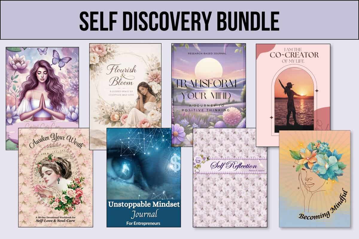Self Discovery Bundle digital product mockup featuring self-love journals, guided workbooks, positive mindset planners, manifestation and mindfulness resources, devotional self-care journals, and feminine floral printable covers in soft lavender and pastel tones. Bundle digital product mockup featuring self-love journals, guided workbooks, positive mindset planners, manifestation and mindfulness resources, devotional self-care journals, and feminine floral printable covers in soft lavender and pastel tones.