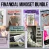 Financial Mindset Bundle digital product mockup featuring money mindset journals, financial freedom guides, wealth manifestation workbooks, abundance planners, entrepreneur finance ebooks, money block healing resources, and printable financial success tools in feminine purple and neutral tones.