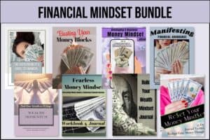 Financial Mindset Bundle digital product mockup featuring money mindset journals, financial freedom guides, wealth manifestation workbooks, abundance planners, entrepreneur finance ebooks, money block healing resources, and printable financial success tools in feminine purple and neutral tones.