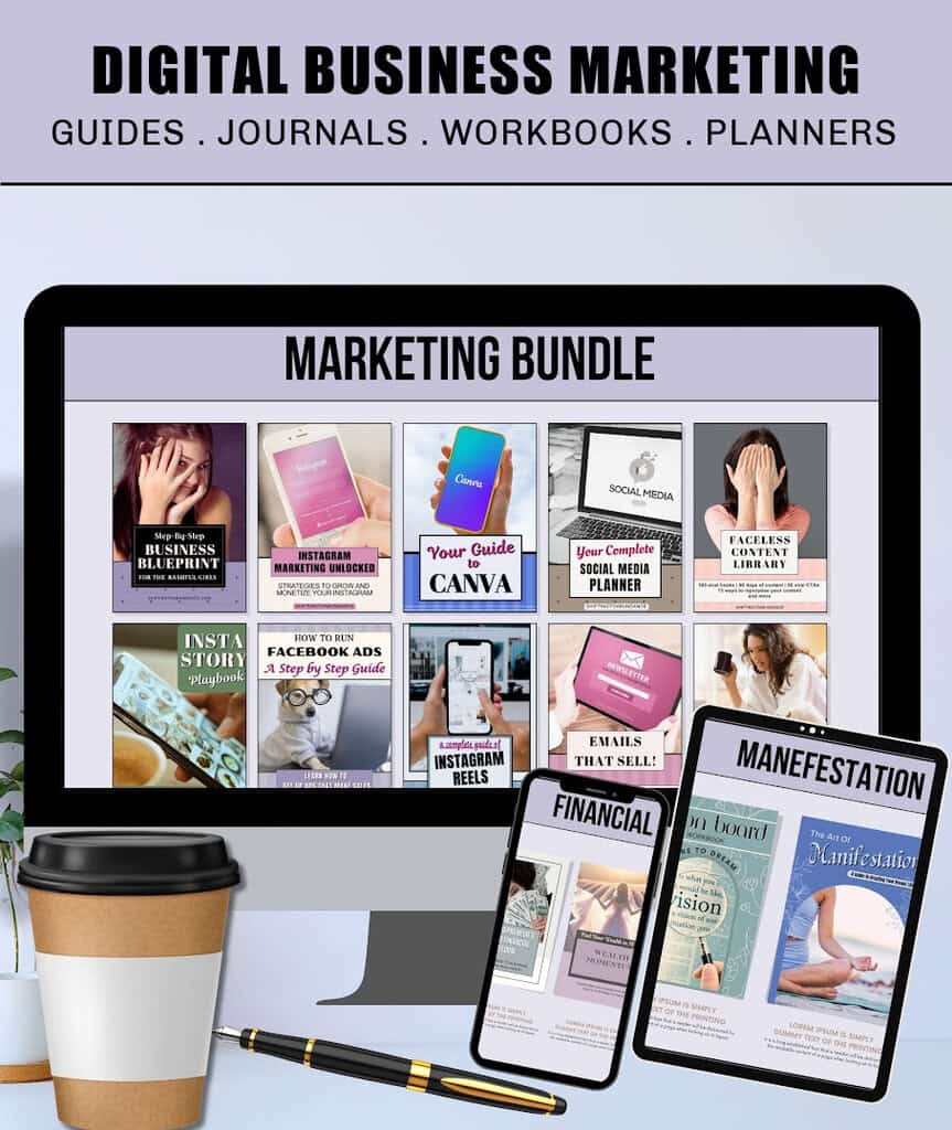 Digital business marketing bundle mockup featuring printable guides, journals, workbooks, planners, Canva tutorials, Instagram marketing, social media planners, faceless content ideas, financial mindset resources, manifestation workbooks, and digital entrepreneur tools displayed on desktop and tablet screens in soft purple branding.
